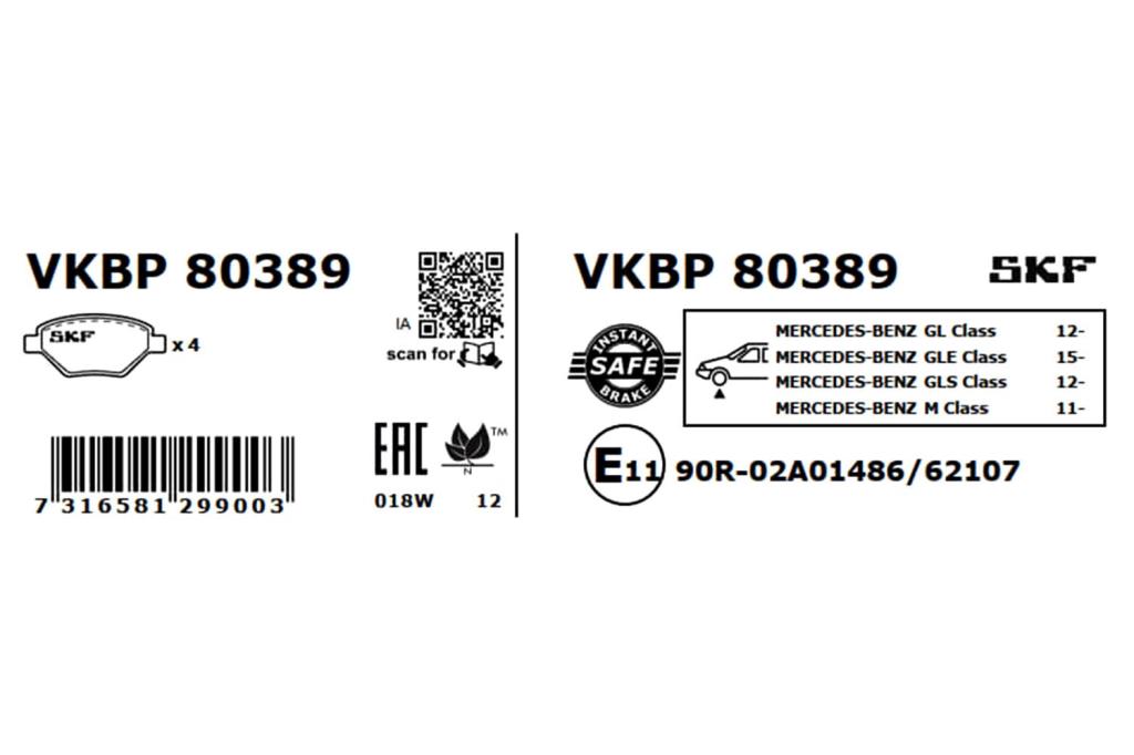 Jogo de 4 pastilhas de travão SKF ref. VKBP 80389